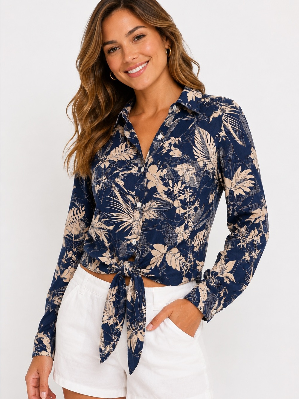 Panama Jack Navy Tropical Floral Tie Front Linen Blend Shirt Medium Resort wear